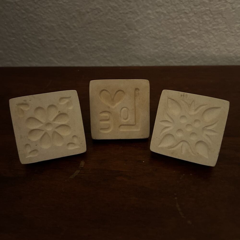 Trio Vintage Blue Glazed Ceramic Cookie Stamp Square Pottery Impression Pressed